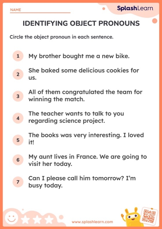 Third grade grammar worksheet showing object pronoun replacement exercises with illustrated examples