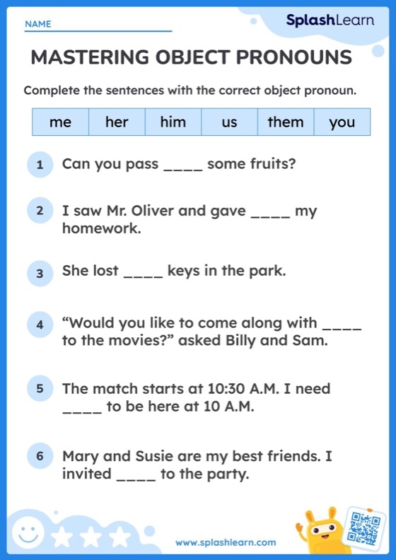 Third grade grammar worksheet showing object pronoun exercises with sentences for students to complete