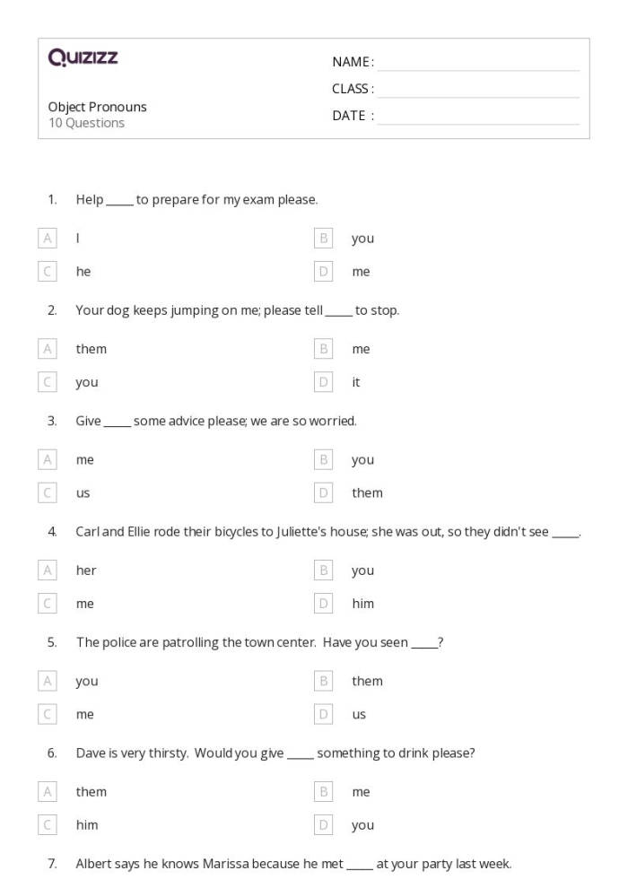 Third grade grammar worksheet showing exercises for replacing object nouns with correct pronouns like him, her, it, and them