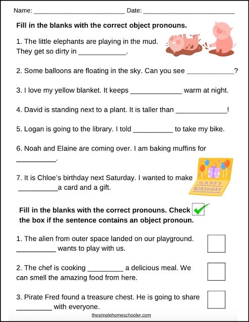 Third grade grammar worksheet showing object pronoun exercises with sentences for students to practice replacing nouns with pronouns like him, her, it, and them