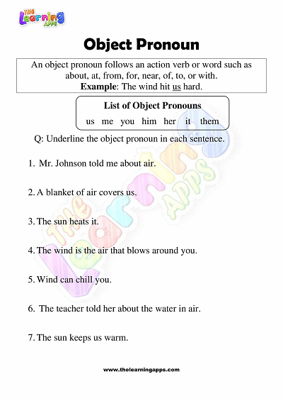 Third grade student practicing object pronouns on a grammar basics worksheet