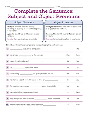 Third grade worksheet for practicing object pronouns by replacing nouns in sentences