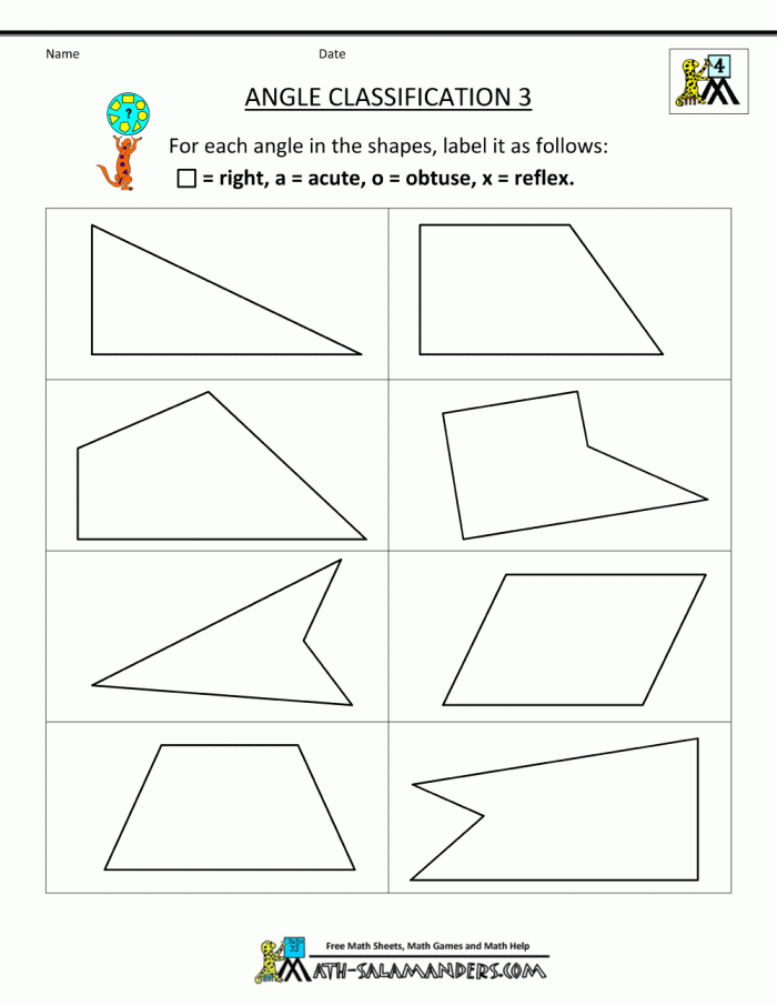 Fourth grade math worksheet featuring multiple obtuse angles for students to identify and measure