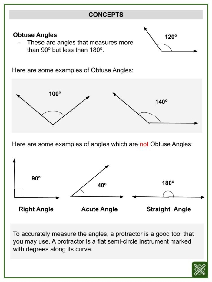 Worksheet illustrating obtuse angles for fourth graders