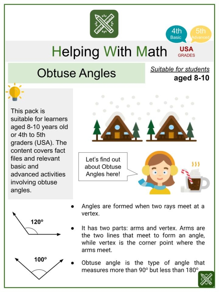 Fourth grade math worksheet featuring geometry exercises to identify obtuse angles