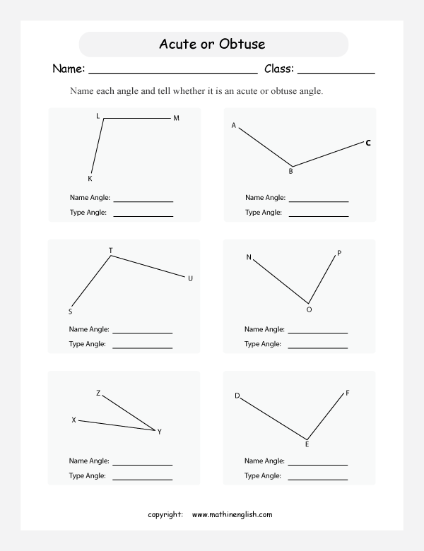 Worksheet featuring obtuse angles for fourth graders to identify