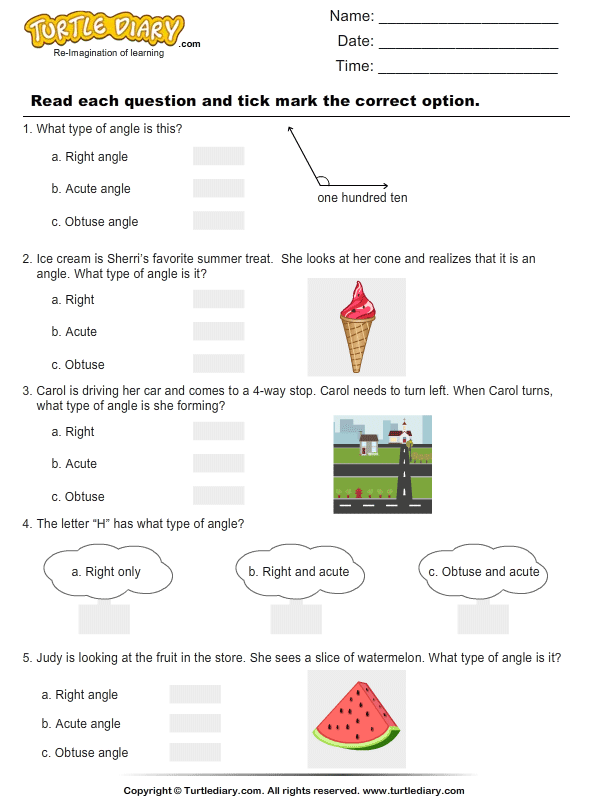 Worksheet featuring obtuse angles for fourth graders to identify
