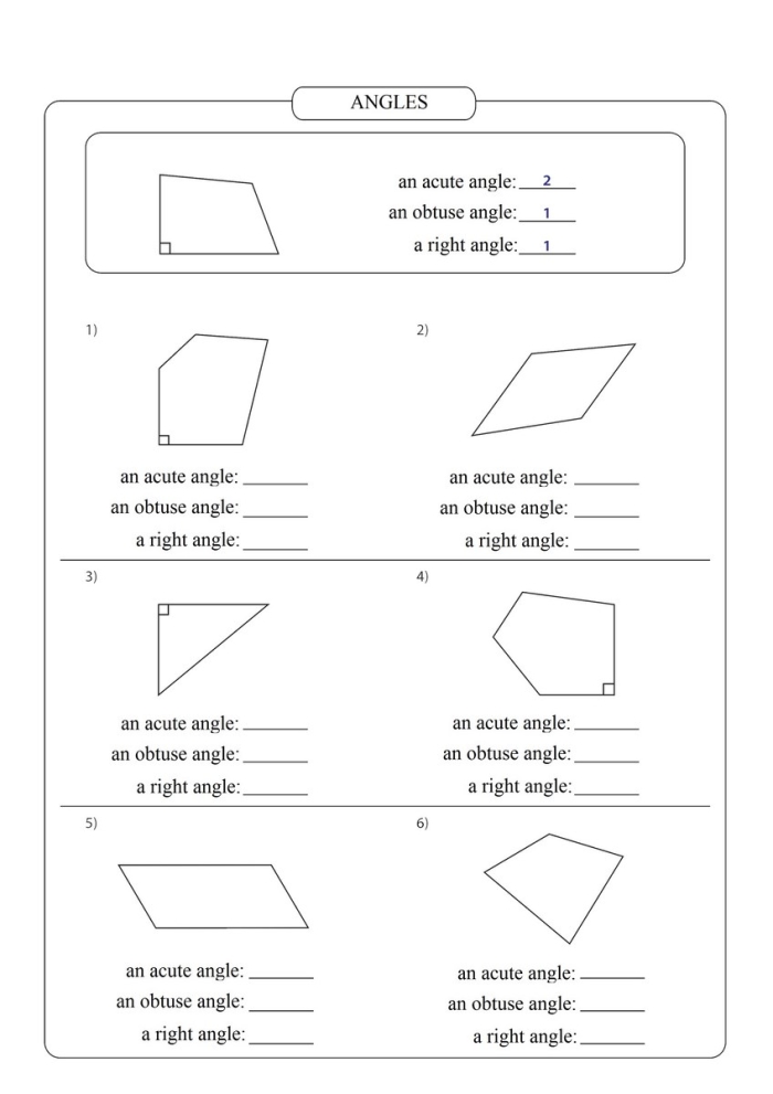Worksheet featuring obtuse angles for fourth graders to identify