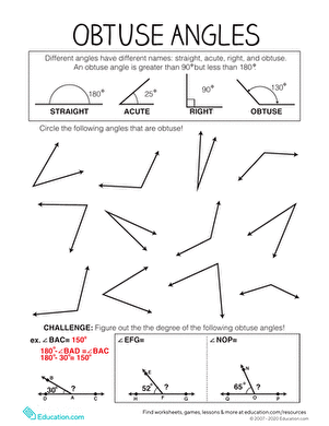 Fourth grade worksheet featuring practice problems to help students identify obtuse angles
