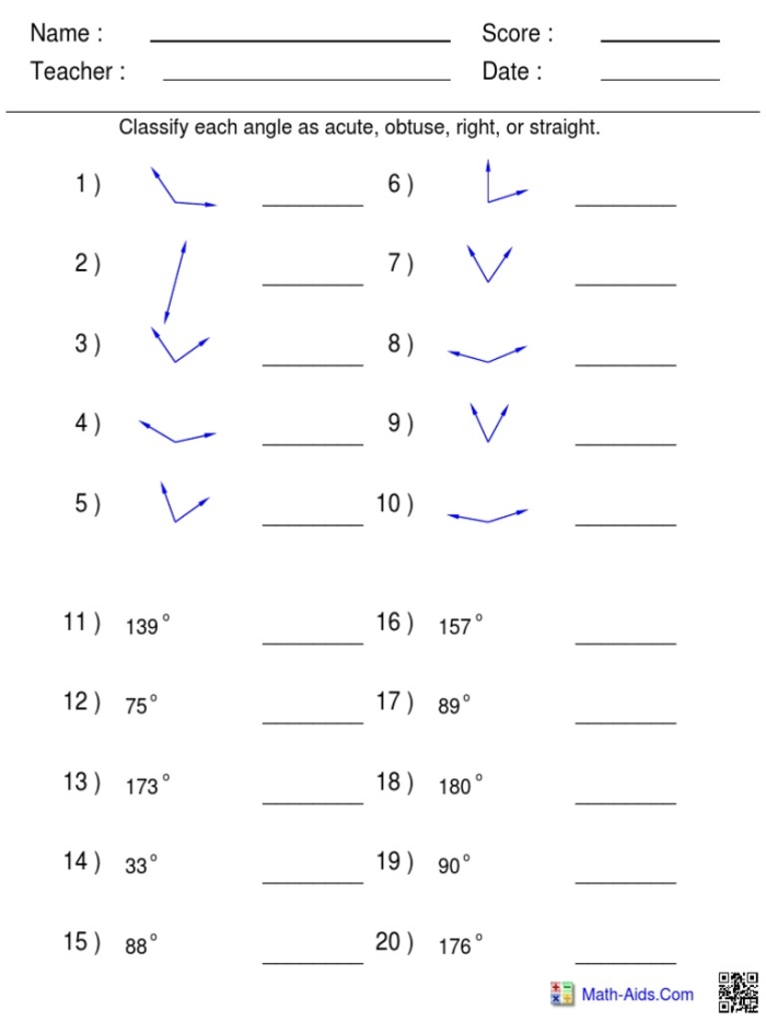 Worksheet showing various angles, highlighting obtuse angles for fourth graders to identify