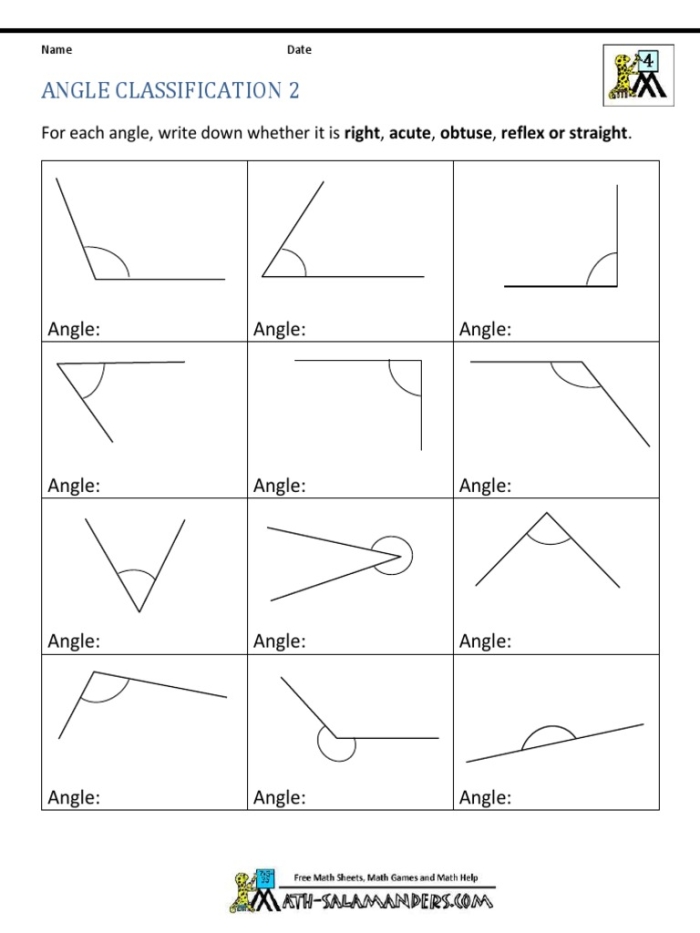 Worksheet featuring obtuse angles for fourth-grade students
