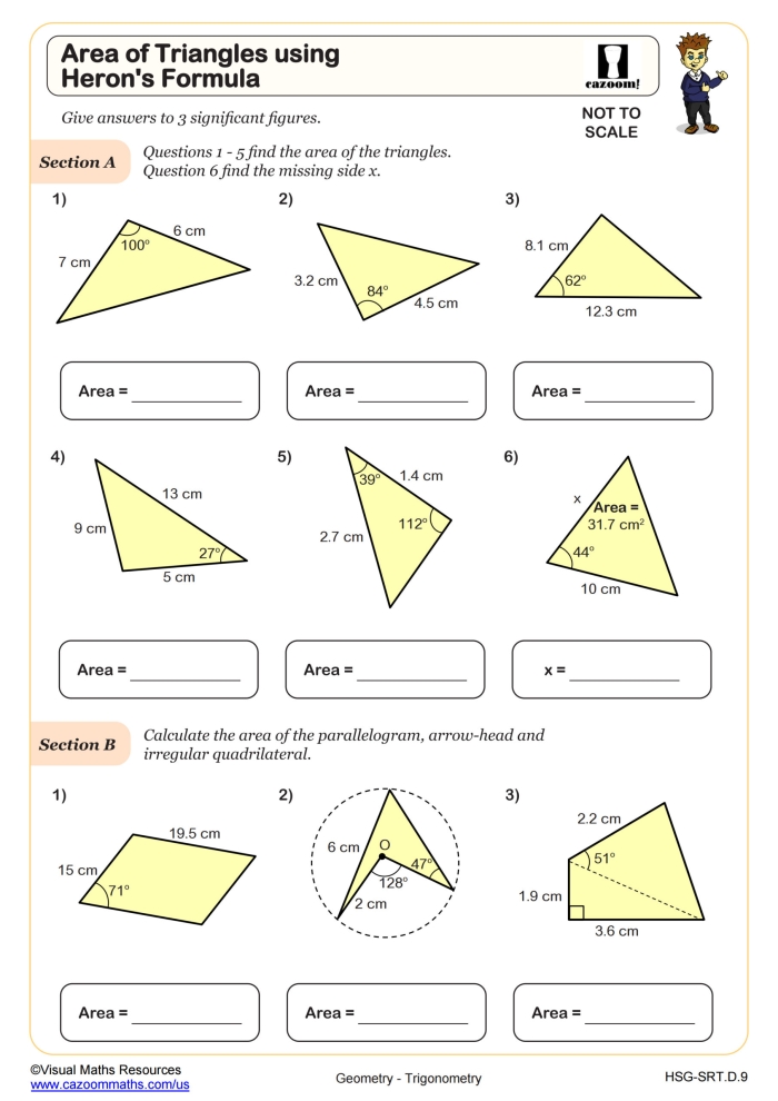 Obtuse Triangles Area Finding Practice Worksheet for Sixth Graders Worksheet for practicing area calculations of obtuse triangles in geometry