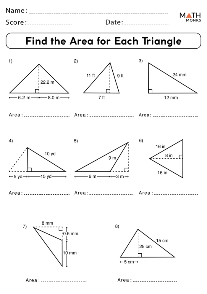 Obtuse Triangles Area Finding Practice Worksheet for Sixth Grade Worksheet featuring obtuse triangles for practicing area calculation