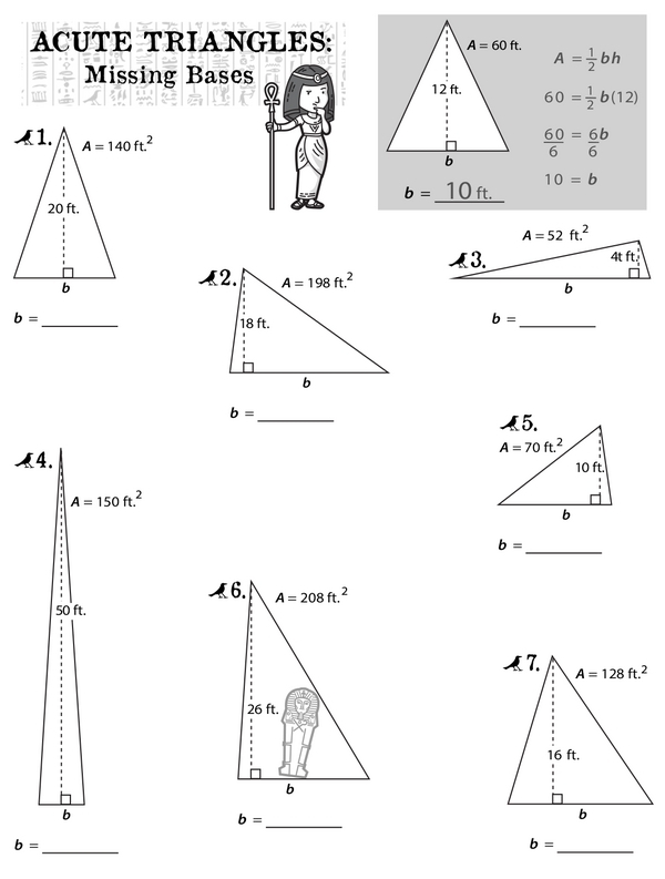 Worksheet featuring obtuse triangles for finding the missing base value
