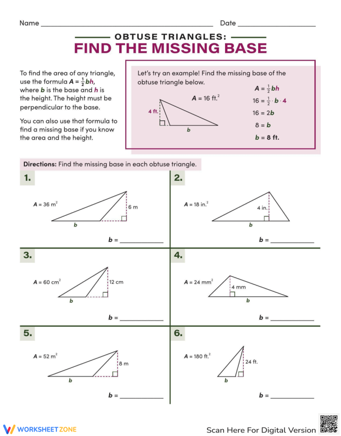 Students solving for missing base values in obtuse triangles on a math worksheet