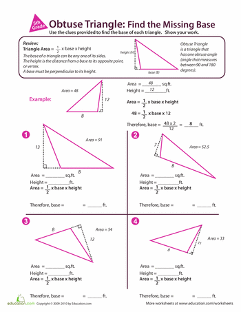 Worksheet featuring obtuse triangles for finding missing base values