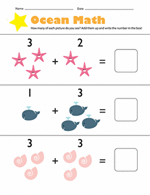 Kindergarten student working on an ocean-themed addition worksheet with single-digit math problems