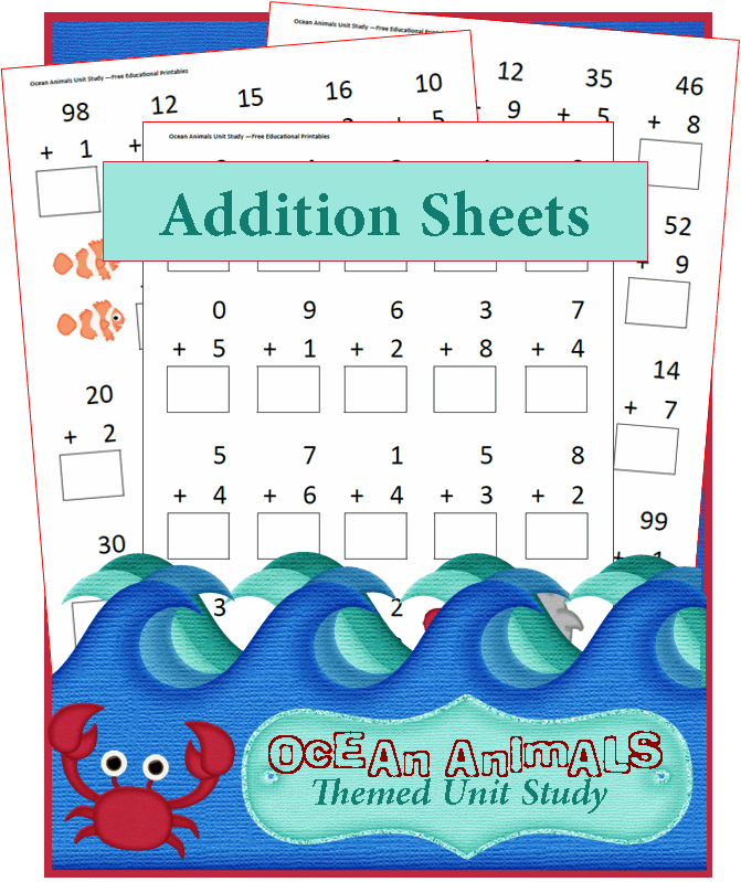 Kindergarten students practice single-digit addition problems on this ocean-themed math printable
