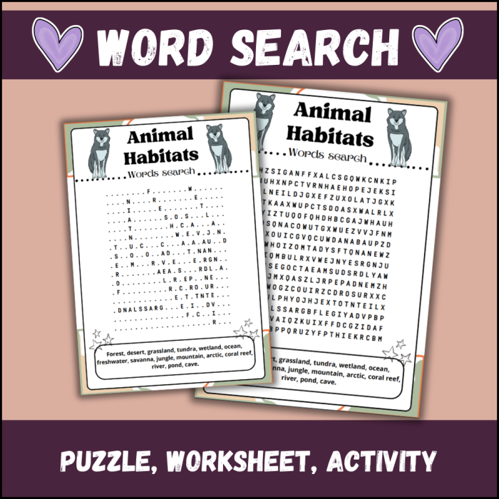 Habitats Word Search: Ocean Animals Worksheet for Elementary Life Science Third grade students searching for ocean animal words including blue whale, squid, and shark in a word search grid