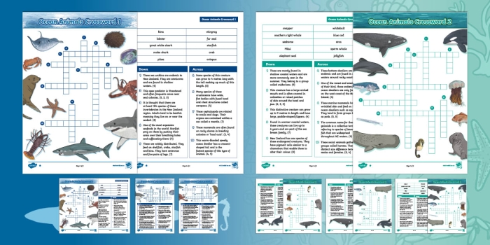 Crossword puzzle featuring various ocean animals for fifth-grade students