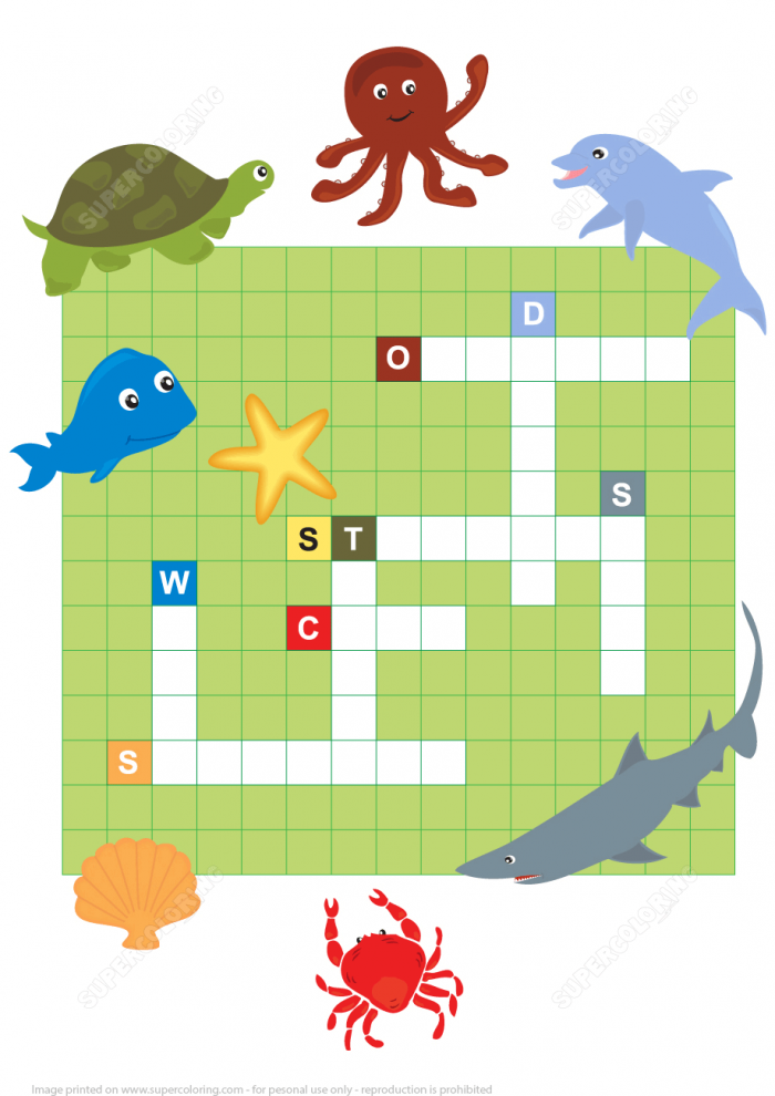 Crossword puzzle featuring various ocean animals for fifth graders