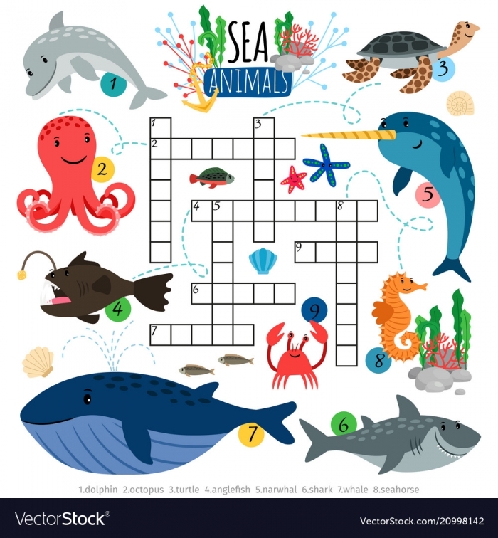Crossword puzzle featuring various ocean animals for fifth-grade students