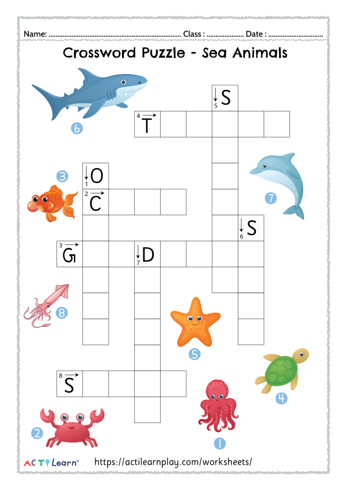 Ocean Animals Crossword worksheet for fifth graders featuring various sea creatures