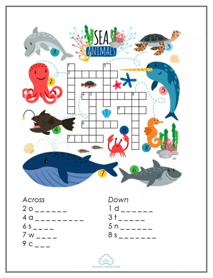 Crossword puzzle featuring various ocean animals for fifth-grade students
