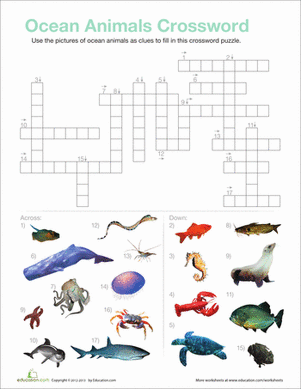 Ocean Animals Crossword worksheet for fifth graders featuring various sea creatures