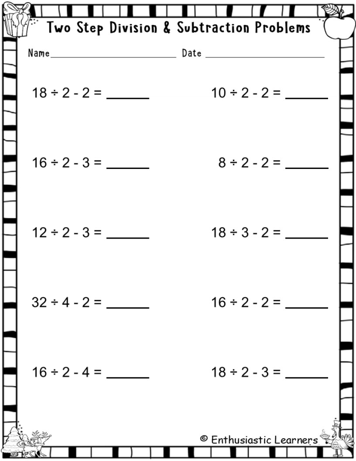 Multi-Step Subtraction and Division Word Problems Worksheet 23 Third grade math worksheet featuring ocean animals for practicing multi-step subtraction and division problems