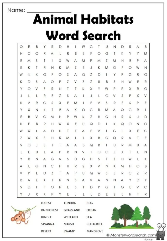 Habitats Word Search: Ocean Animals Activity Sheet for Elementary Learners Third grade students completing an ocean animals word search puzzle with sea creatures like whales, squids, and sharks hidden in a grid of letters