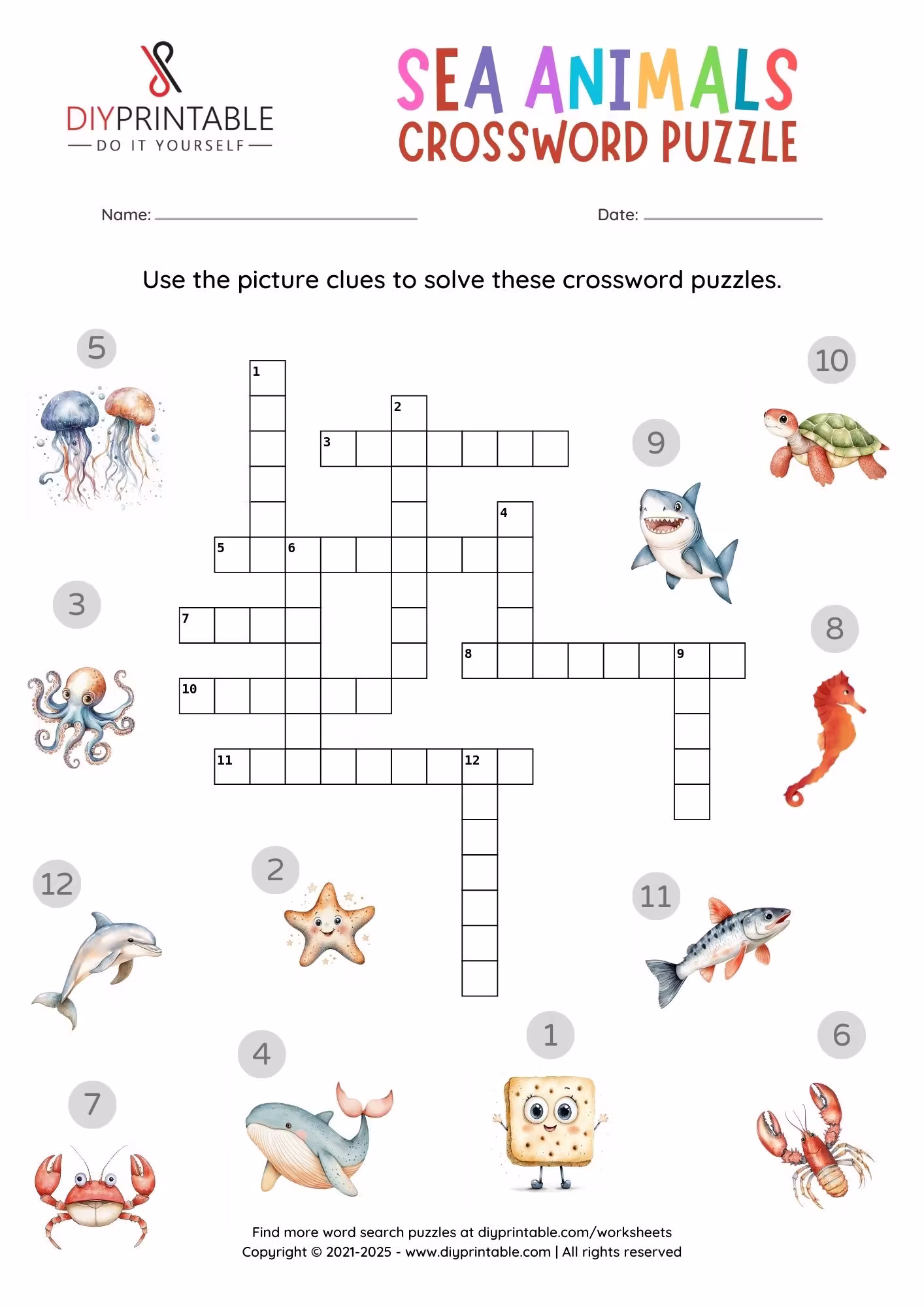 Fifth grade life science worksheet featuring an ocean animals crossword puzzle