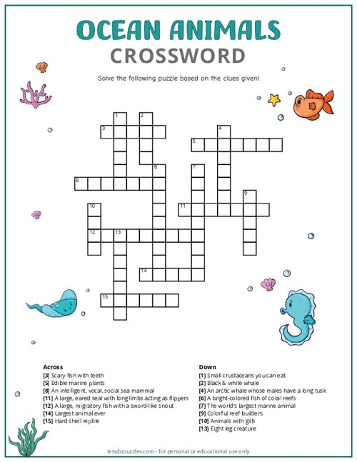 Colorful crossword puzzle featuring various ocean animals for fifth graders