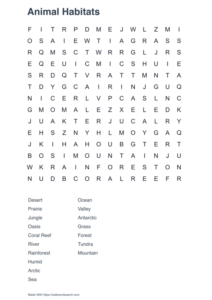 Habitats Word Search Ocean Animals Worksheet for Elementary Science Learning Third grade students solving an ocean animals word search puzzle with marine life vocabulary