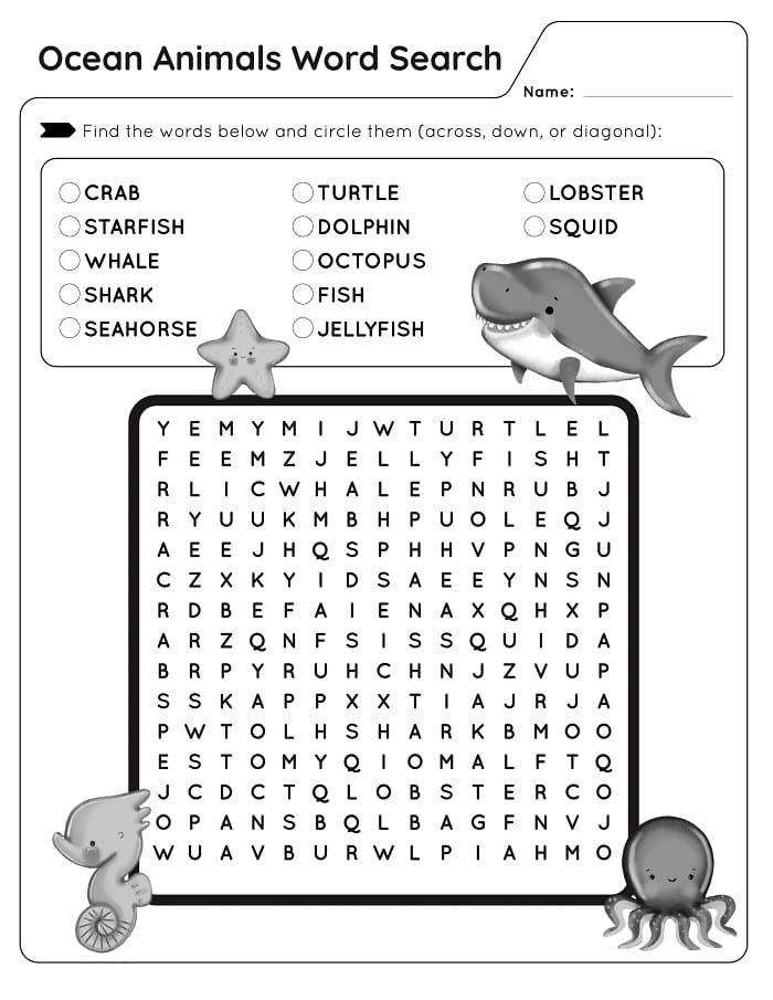 Habitats Word Search Ocean Animals Worksheet for Elementary Life Science Third grade students completing an ocean animals word search puzzle with blue whale, squid, and shark vocabulary words
