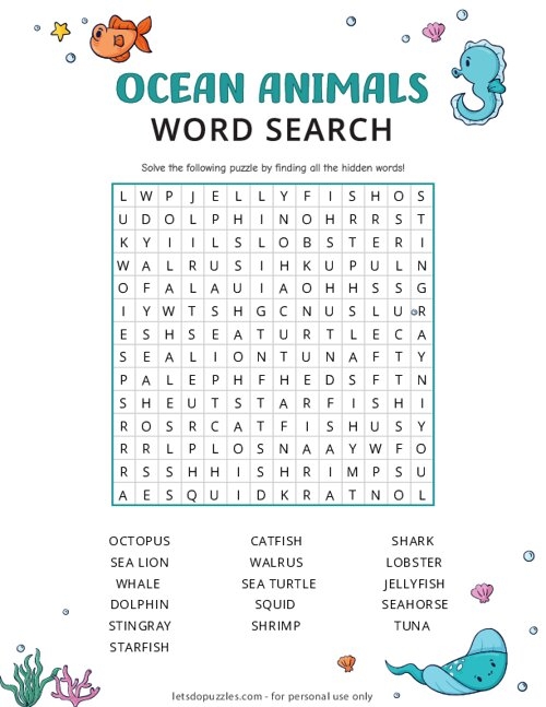 Habitats Word Search Ocean Animals Worksheet Eight Third grade ocean animals word search puzzle worksheet featuring a variety of sea creatures
