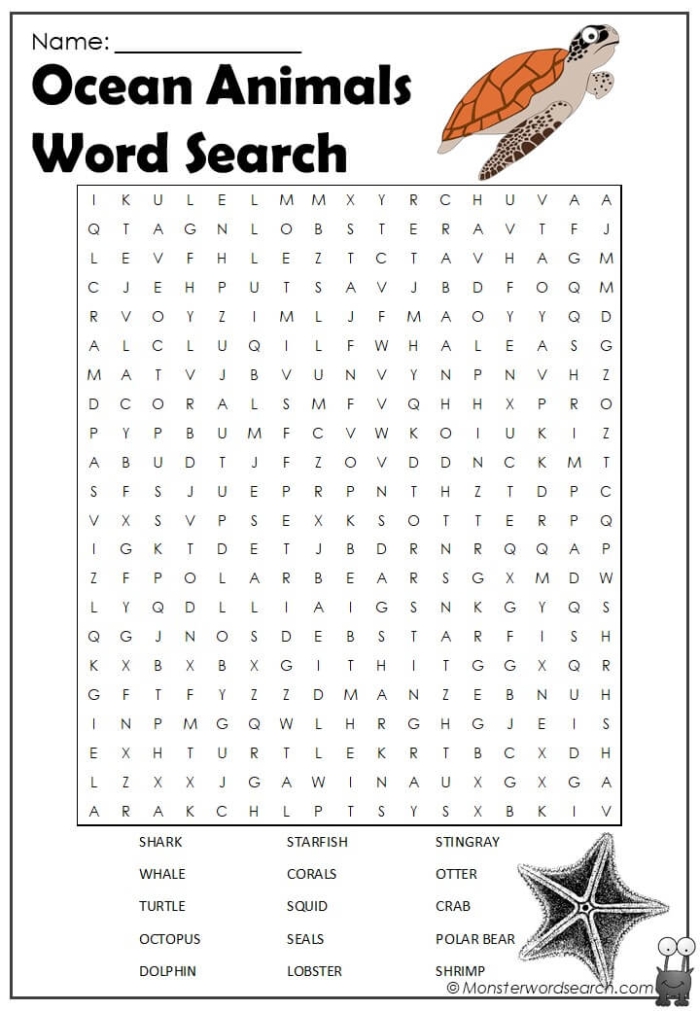 Habitats Word Search Ocean Animals Worksheet 13 Third grade science worksheet featuring an ocean animal word search puzzle with marine life illustrations