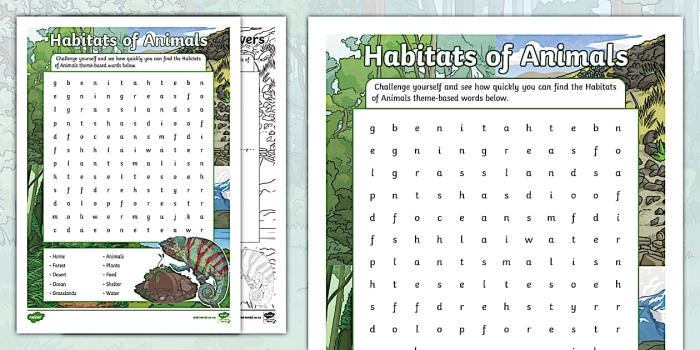 Habitats Word Search: Ocean Animals Worksheet 19 Third grade students completing an ocean animals word search puzzle with marine creatures like whales, squids, and sharks hidden in a grid