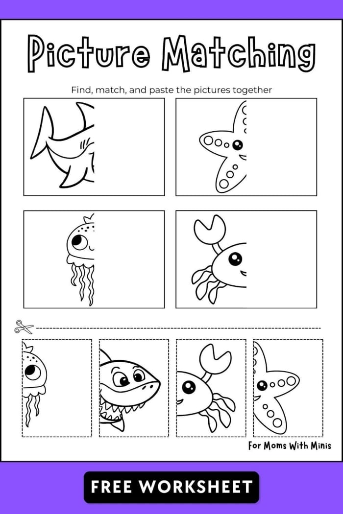 Ocean Life Cut and Paste Activity for Pre-K Science 13 Preschool student using safety scissors to arrange colorful sea creature cutouts on an ocean habitat worksheet