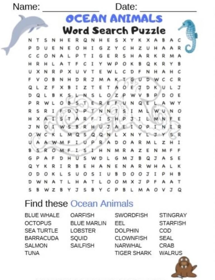 Ocean Animals Habitats Word Search Activity for Elementary Students Blue whale, squid, and shark word search puzzle for third grade ocean animals habitat worksheet