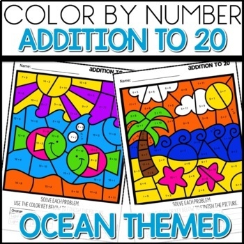 Kindergarten ocean math worksheet for practicing single-digit addition sums