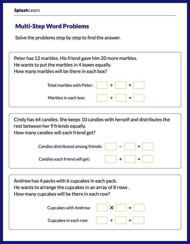 Third Grade Math Worksheet Multi-Step Subtraction and Division Problems 17 Ocean themed worksheet featuring multi-step subtraction and division math problems for third graders.