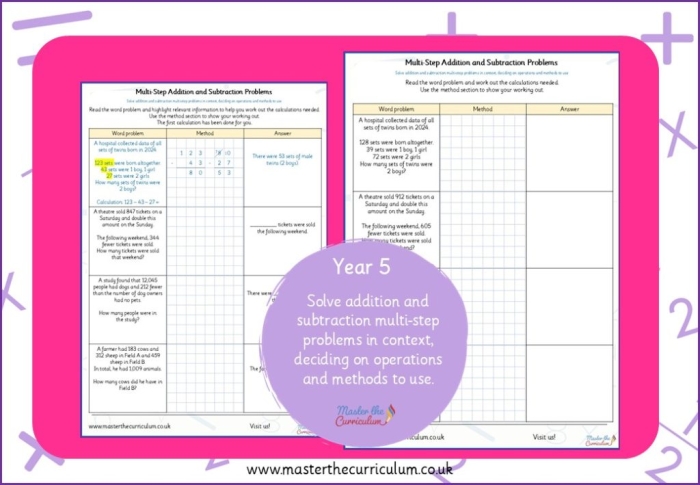 Multi-Step Subtraction and Division Problems Worksheet 25 with Ocean Theme for Elementary Math Practice Third grade ocean-themed worksheet showing multi-step word problems that require students to subtract first and then divide the results
