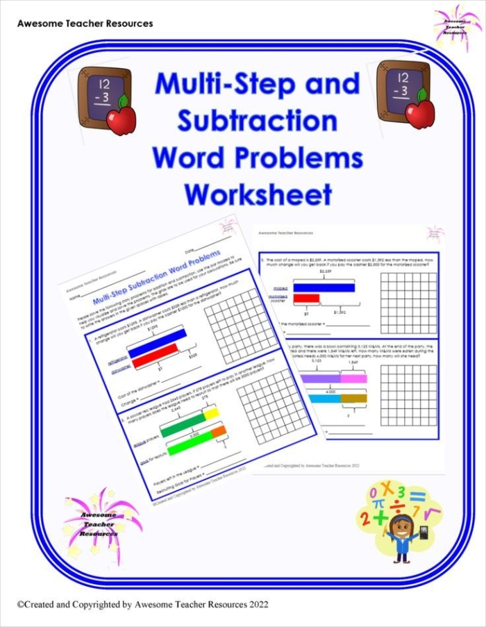 Multi-Step Subtraction and Division Word Problems Worksheet 4 Ocean-themed third grade math worksheet featuring multi-step subtraction and division word problems