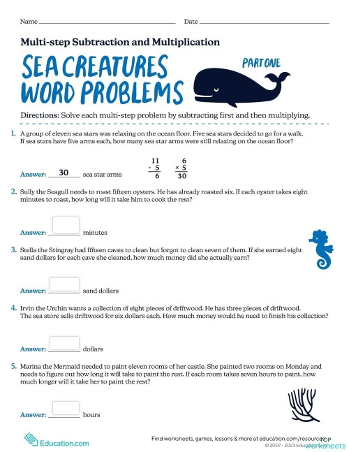 Third Grade Ocean Subtraction and Division Practice Worksheet 18 Ocean themed math worksheet featuring multi-step subtraction and division word problems for third graders