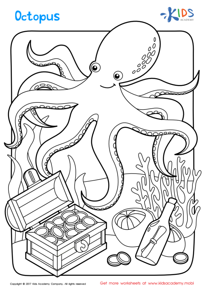 Cute octopus coloring page worksheet for preschoolers
