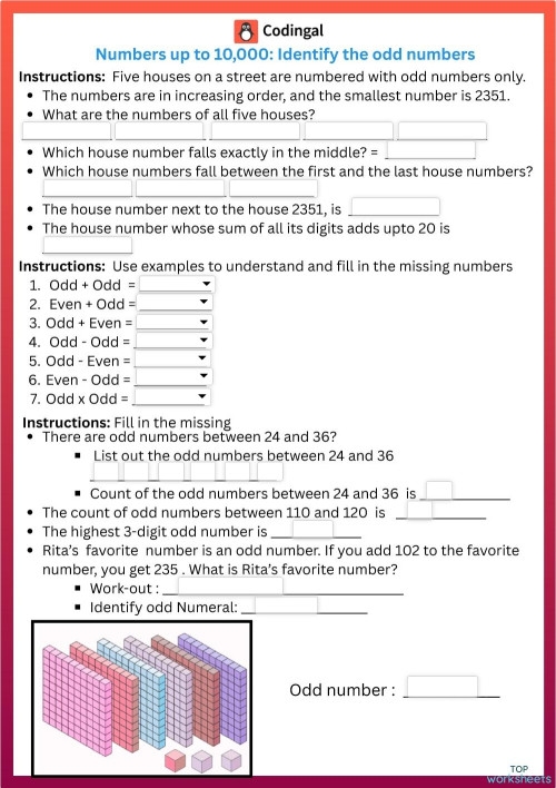 First Grade Phonics Activity: Odd Number Gold Worksheet Image 6 Children's worksheet featuring odd numbers to color, leading to a gold treasure at the rainbow's end