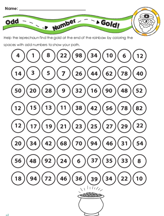 Odd Number Gold worksheet for first graders to enhance phonics skills Kids coloring odd numbers to uncover a treasure path at the rainbow's end