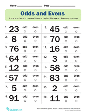 Odds and Evens Math Practice Worksheet Number 6 Student filling in bubble circles to classify one and two-digit numbers as odd or even