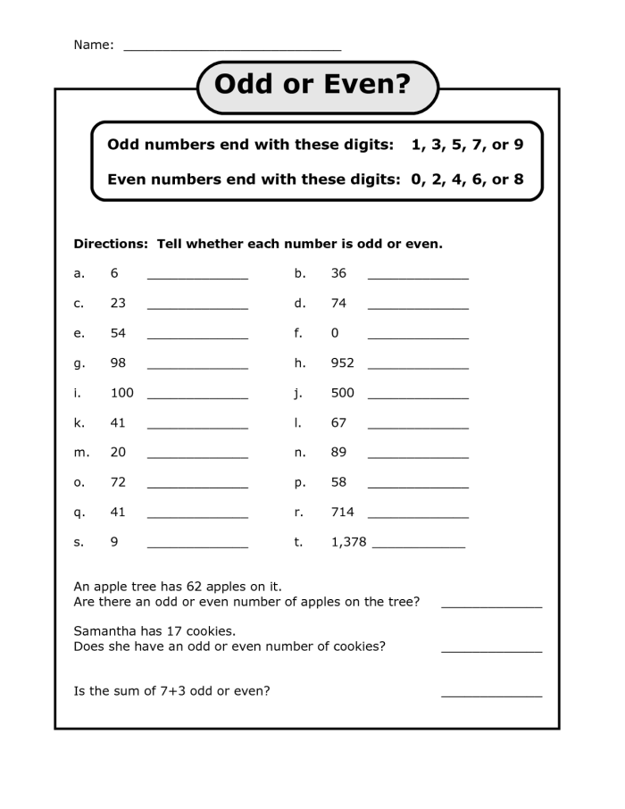 Worksheet for practicing odd and even numbers in one- and two-digit formats Math worksheet featuring odd and even number identification for students